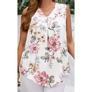Emory Rose Pleated Tank Top Size XL Sleeveless Blouse Floral  Asymmetrical Light